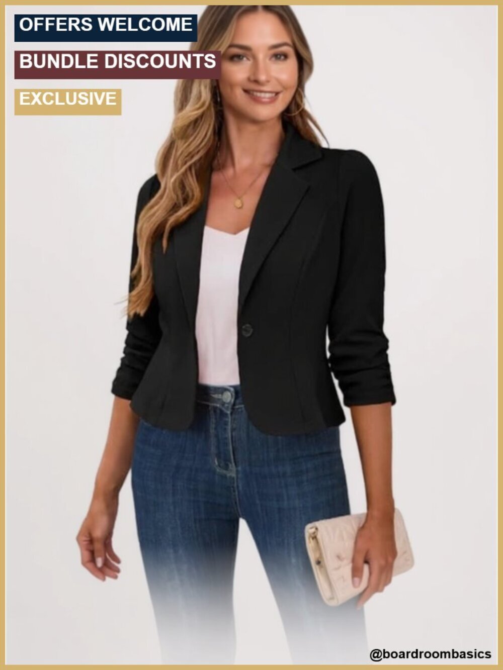 Women's Cropped Blazers 3/4 Ruched Sleeve Lightweight Office Wear Short Blazer